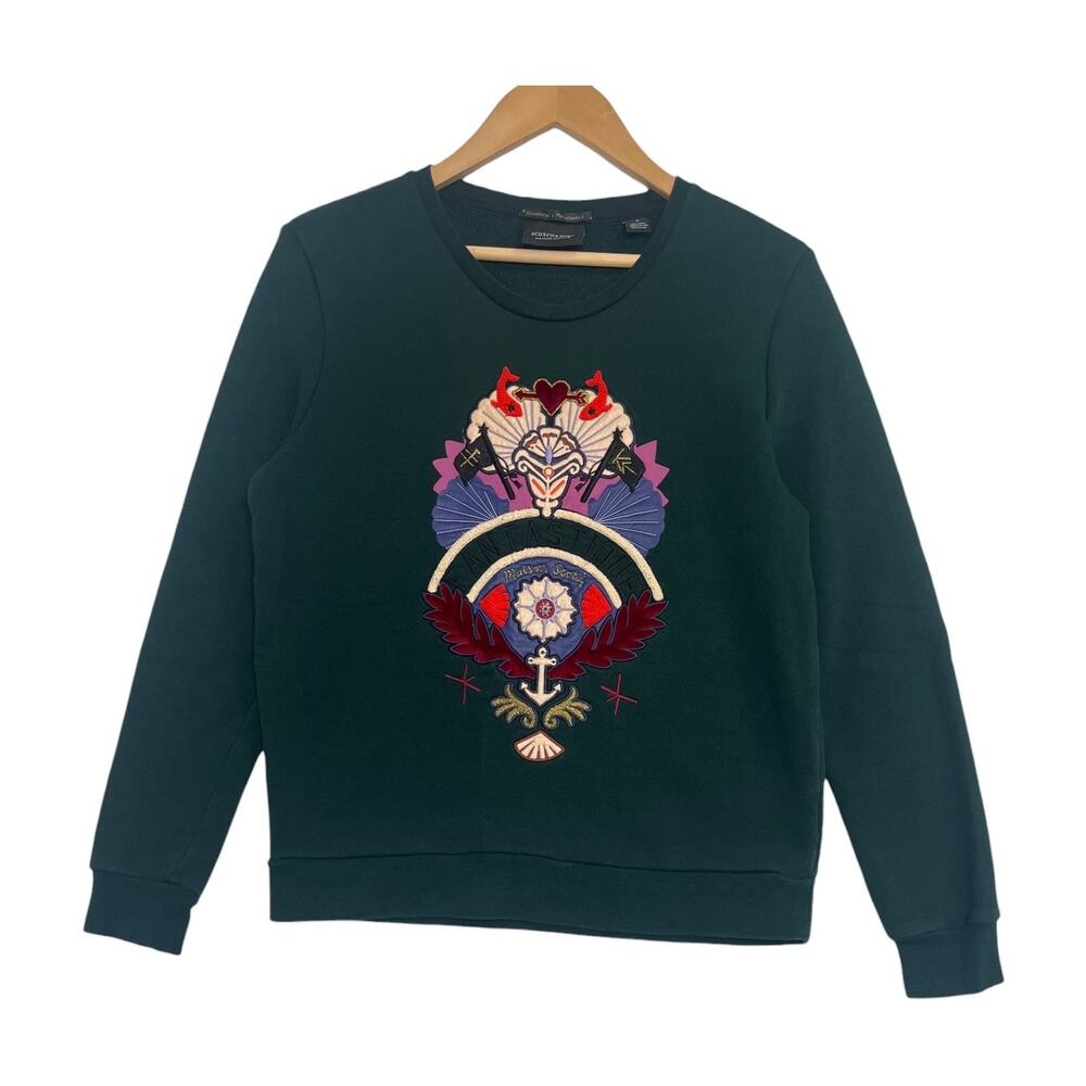 Scotch And Soda Maison Scotch Sweatshirt Top Womens Small Green Embroidered